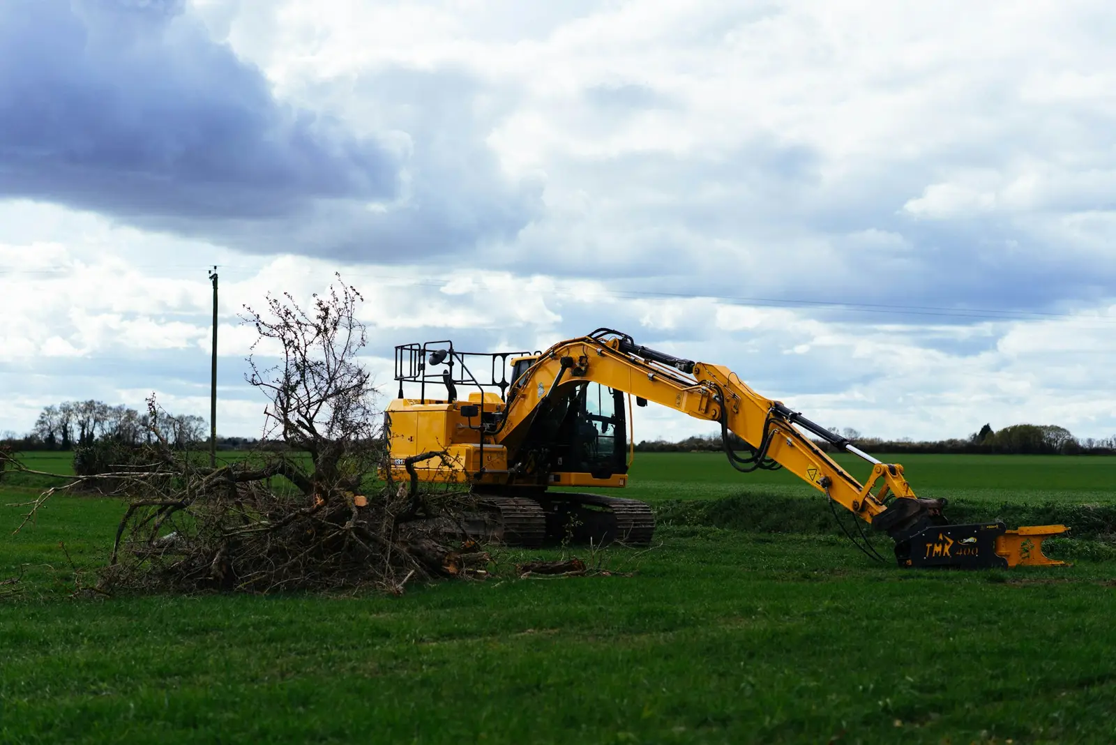 Excavator clearing brush and undergrowth